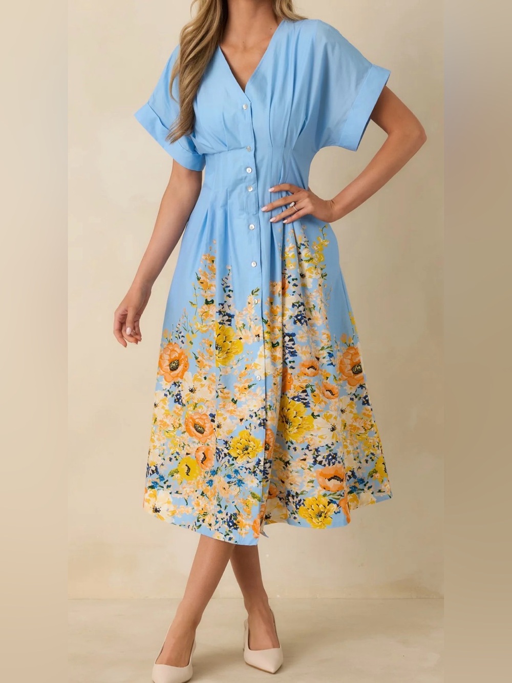 entro Light Blue Floral Midi Dress with Yellow & Orange Blooms
